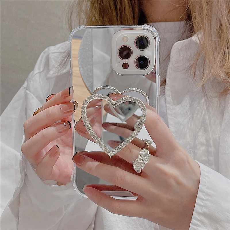 

INS Korean Cute 3D Diamonds Love Heart Make Up Mirror Griptok Bracket For iPhone 16Pro Phone Holder Ring Support Stand Grip Tok