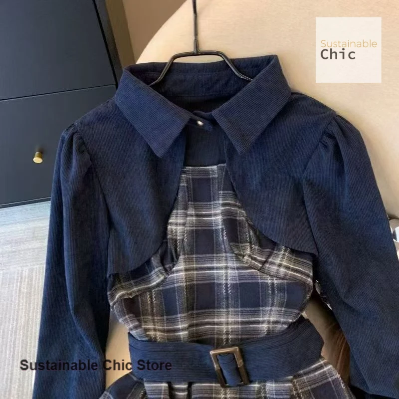 Damskie koszulki z długim rękawem w stylu francuskich Spice Girls, imitacja dwuczęściowej bluzki, nowa jesienno-zimowa moda, casualowe topy z ozdobnym dekoltem.