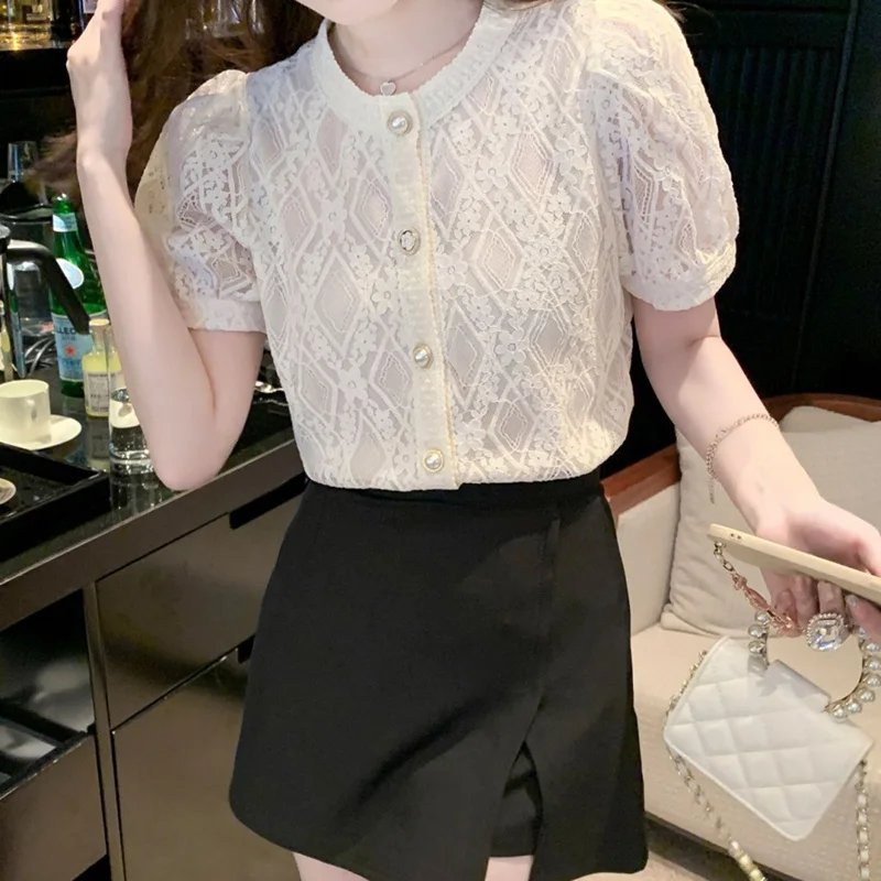 Elegant Lace O-Neck Solid Color Hollow Out Button Oversized Shirt Summer New Chic Tops Loose Commute Fashion Woman Blouses 2022