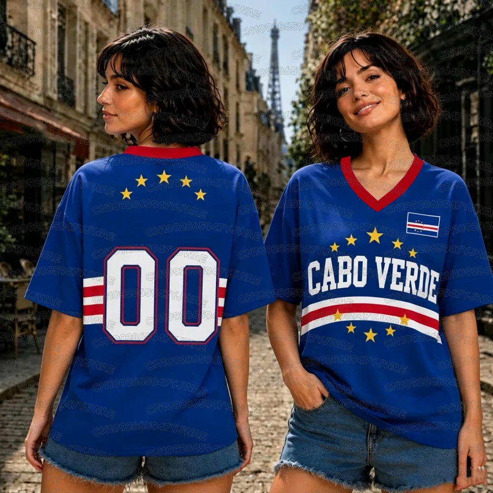 Men's Women's Cape Verde Print Summer Graphic Tee Jerseys Plus Size Sport T-Shirt V-Neck Short Sleeve T-Shirt Soccer Fans