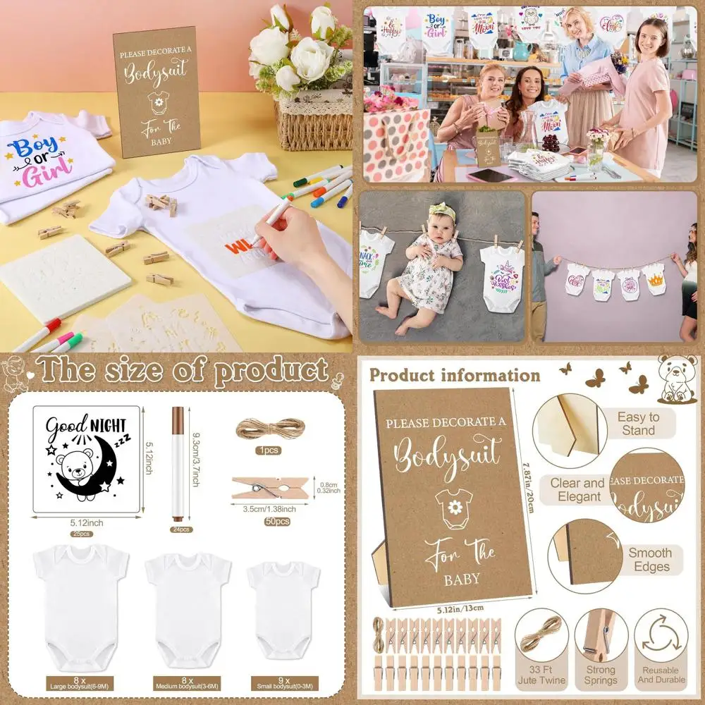 

DIY Baby Shower Kit: 126pcs Bodysuits, Bibs, Stencils, Markers, Sign & Pins