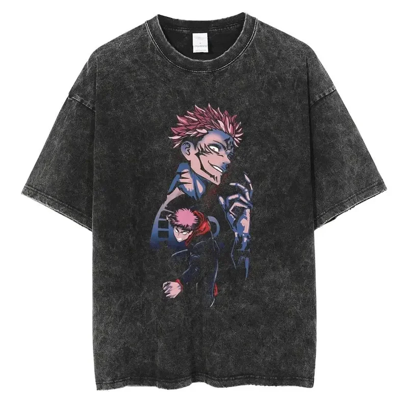 

Hip Hop Streetwear Men Washed Vintage T-Shirt Fashion Summer Anime Graphic Print T Shirt Cotton Oversize Tee Unisex