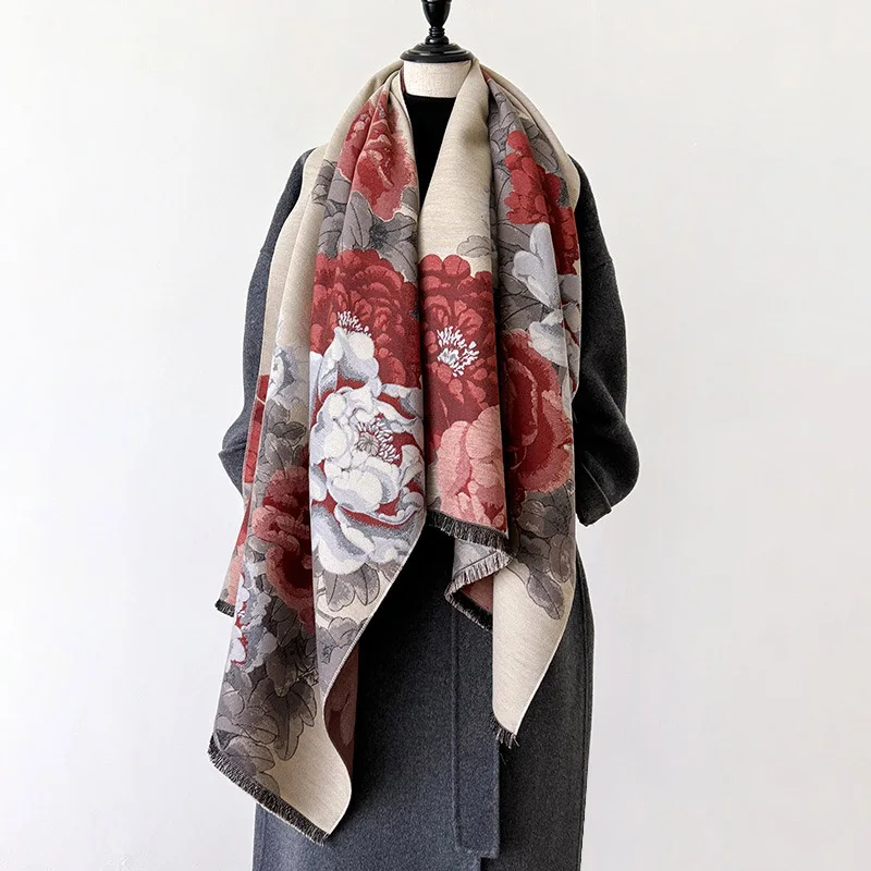 Fashion Peony Flower Print Shawl Women Imitation Cashmere Warm Scarf Autumn Winter Double Sided Ladies Pashmina Cape Cloak
