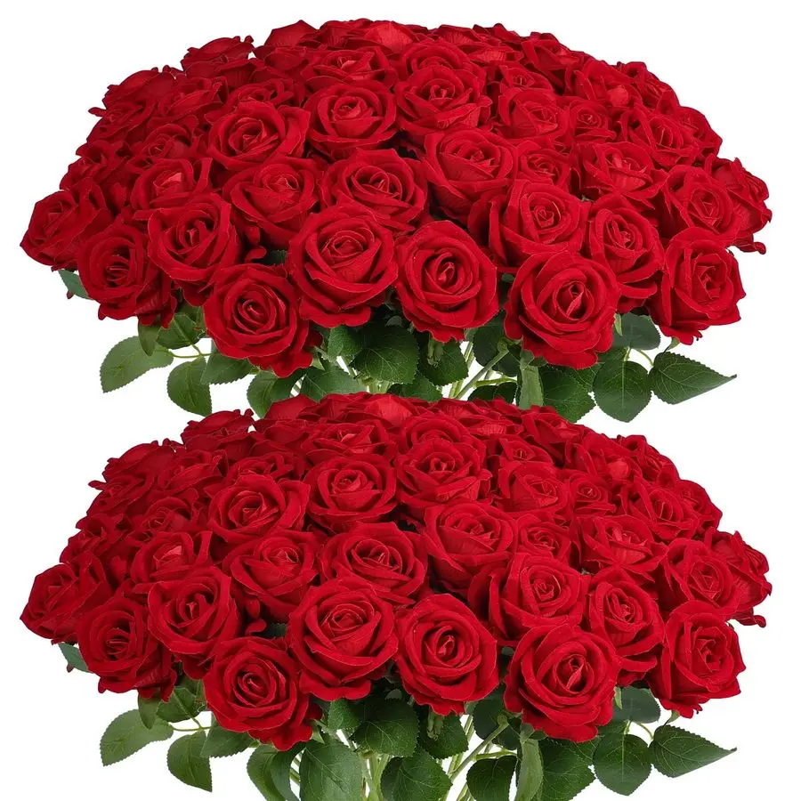 

60Pcs Red Roses Artificial Flowers, Velvet Silk Faux Roses, Realistic Red Flowers for Wedding Centerpieces, Cake, Bridal Bouquet