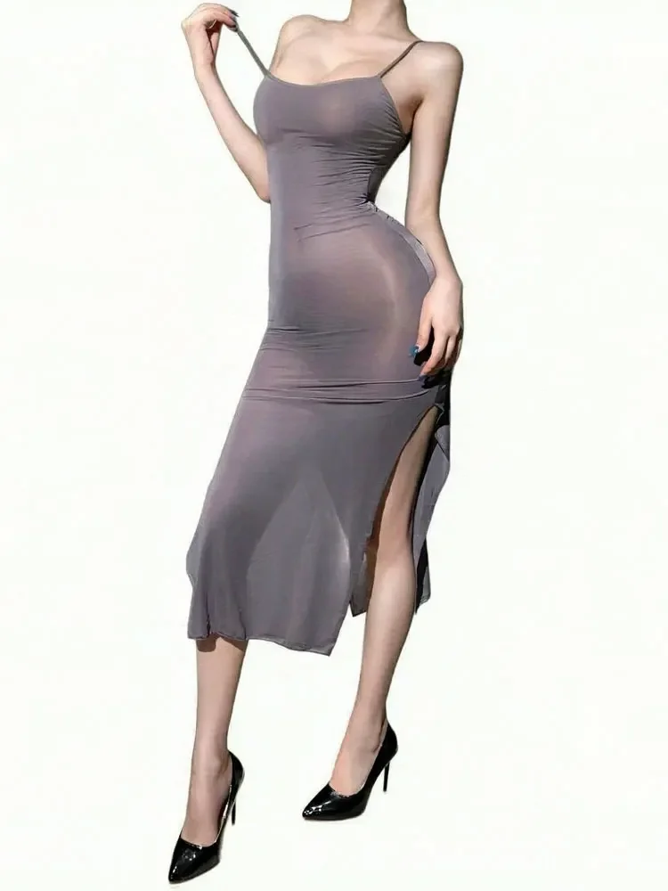 Fashion Women Smooth Elastic Strap High Slit Long DressBodycon Shaping Slip Dresses Woman Nightclub One Step Maid Dress