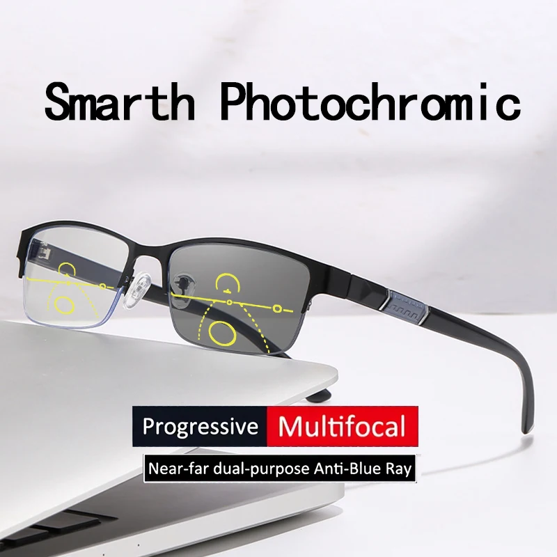 Multifokale Farbwechselnde Herren-Halbrahmen-Smart-Zoom-Brille für Nah- und Fernsicht 806