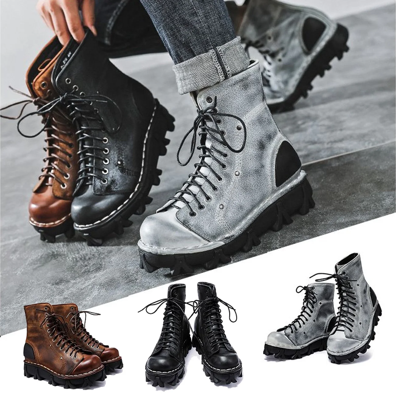 Fashion Men\'s Genuine Leather Winter Western Cowboy Boots Mid-calf Skull Goth Punk Platform Motorcycle Boots Round Toe