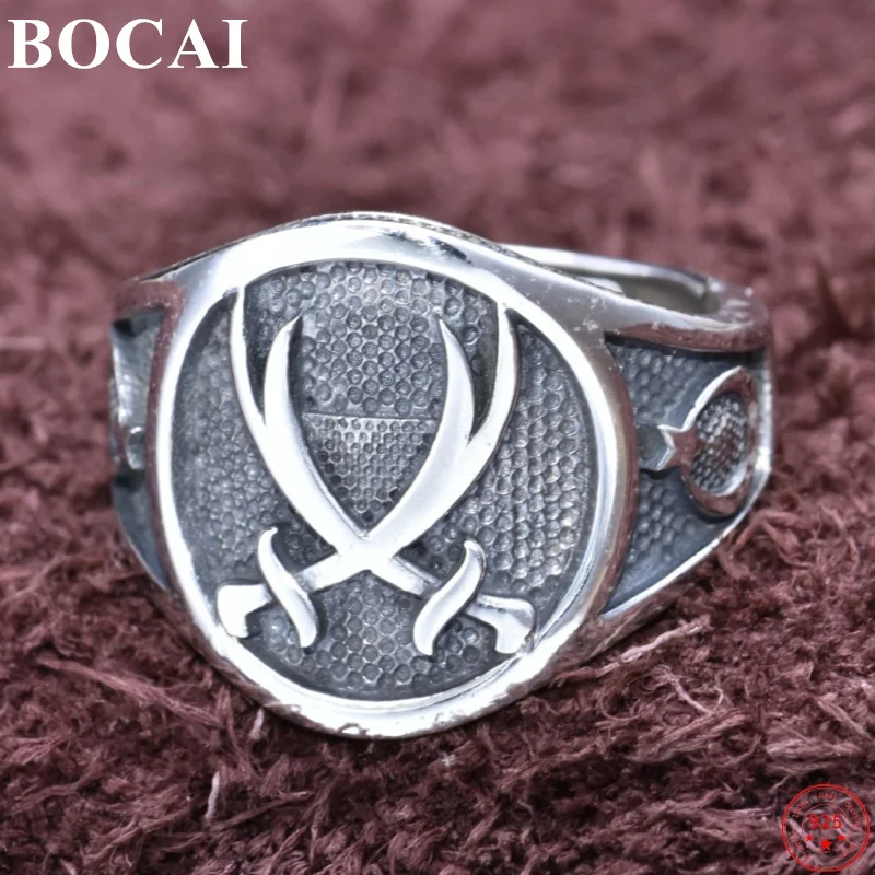 

BOCAI S925 Sterling Silver Rings for Men New Fashion Double Blade Pattern Ancient Totem Adjustable Punk Jewelry Wholesale