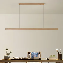 Solid Wooden Pendant Lamp Remote Control Dimming for Dining Room Kitchen Island Chandelier Long Strip Hanging Indoor Light
