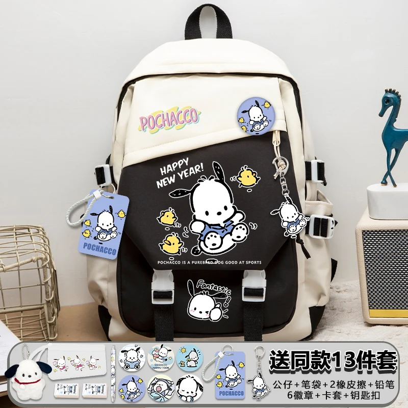 Kawaii Pochacco Dog Bag with Pain Pack Badge Set, Mochila, Lápis, Anime Mochila Adolescente, Menina Estudante e Menino Livro, Bolsa de Viagem