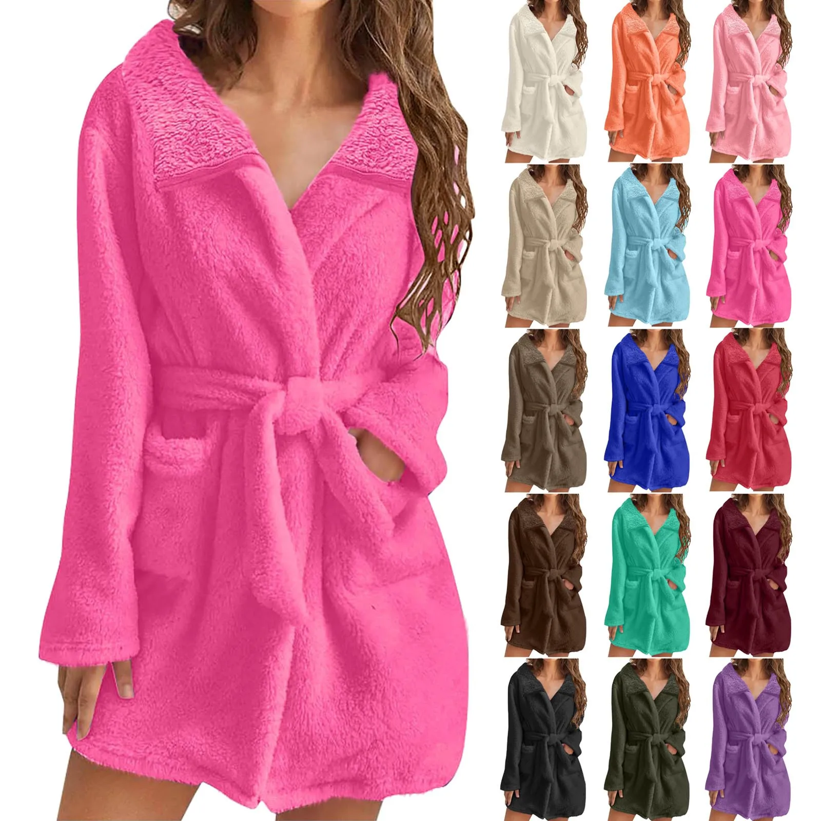 Autumn Women Home Clothes Multi Colors Drawstring Waist Fleece Lined Robe Winter Loungewear Lapel Sleepwear Bathrobe Pockets