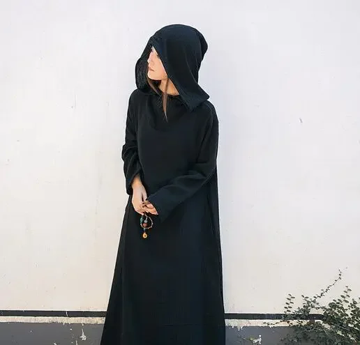 Women Black White Casual Vintage Hooded Dress Long Paragraph Dress Long Sleeved Vestidos 2017 Autumn Cotton Winter Maxi Dress