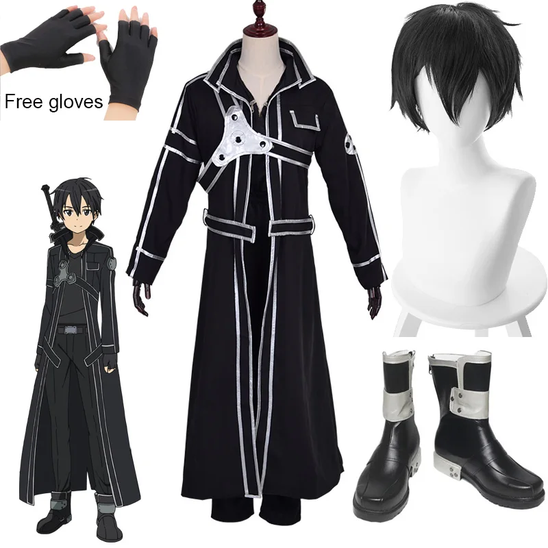 Anime kirigaya kazuto cosplay trajes espada arte em linha kirito sapatos perucas de alicização botas uniforme conjunto adulto unissex