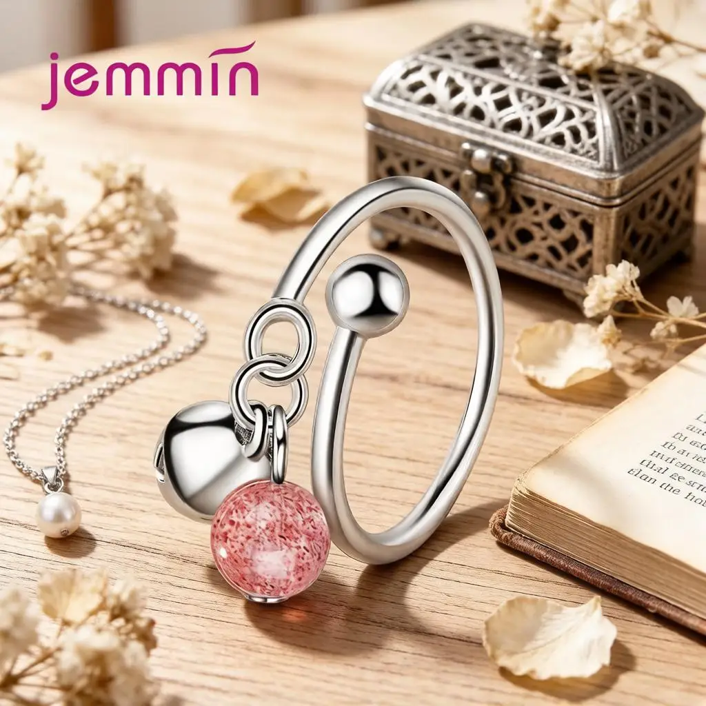Delicate 925 Sterling Silver Pink Strawberry Quartz Bell Open Adjustable Rings For Women Anniversary Party Fashion Jewelry Gifts