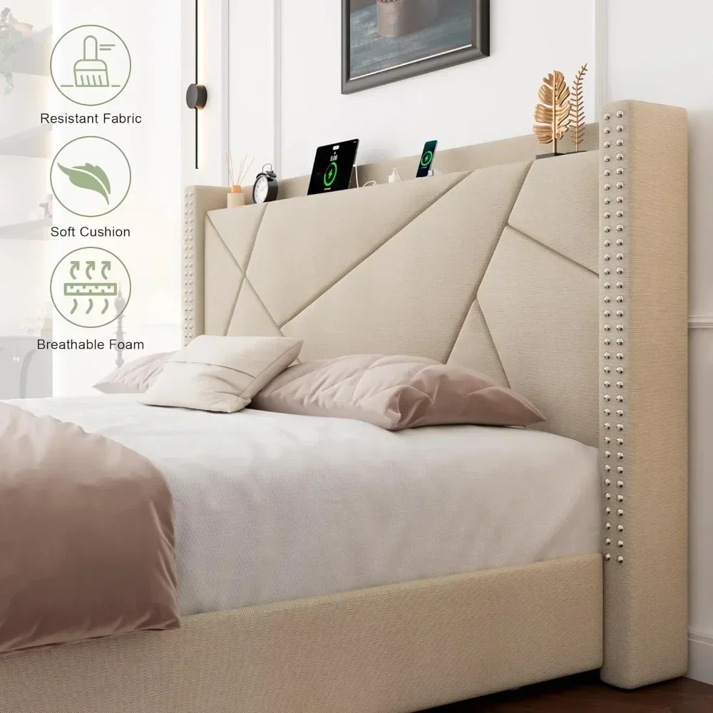 

For King Size Bed Frame with 4 Storage Drawer, Headboard Charging Station