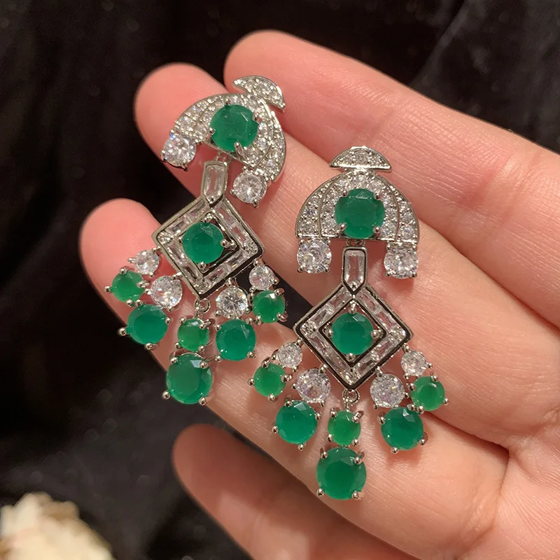 Women Green Drop Earrings S925 Silver Needle Zirconia Copper Long Tassel
