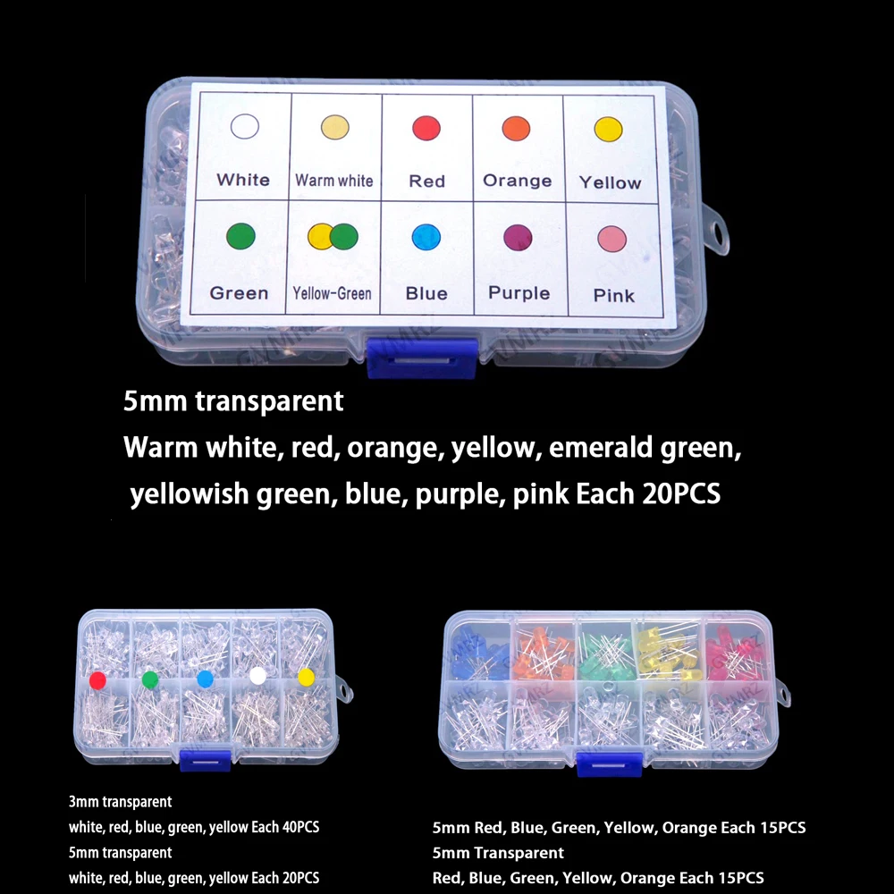 3mm / 5mm LED Red Yellow White Green Blue Orange Warm White Pink Purple Assorted Kit White Green Blue Orange
