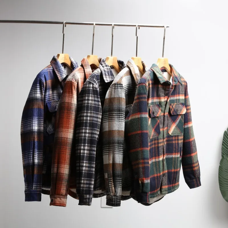 Thickened Lamb Velvet Jacket Coat Plaid Pattern Couple Matching Autumn Winter Outerwear Long Sleeve Sharp Collar Standard Fit