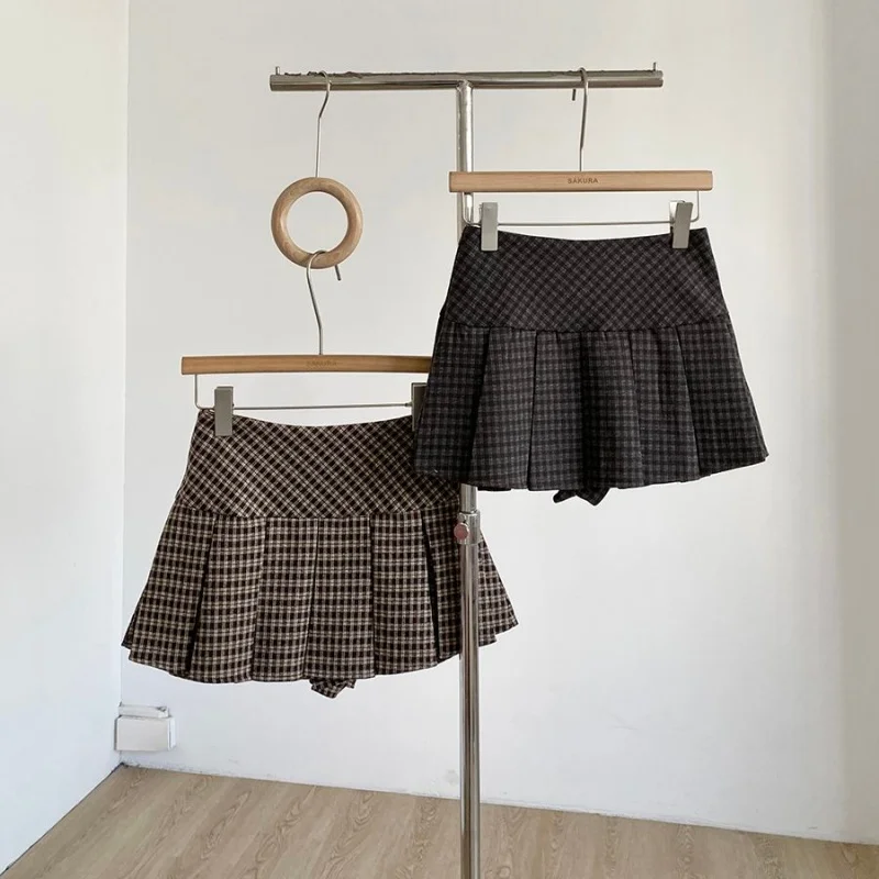 New Preppy Student Plaid Mini Skirt Spring Autumn High Waist Slim Fit A-Line Woolen Pleated Party ShortS Skirts Sweet Jupe