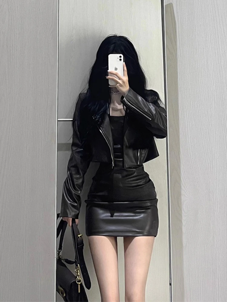 Short Black PU Leather Jacket Women's Fashionable Spring Autumn New Style Sexy Girl Style Loose Fit Ladies' Coat Zipper Closure
