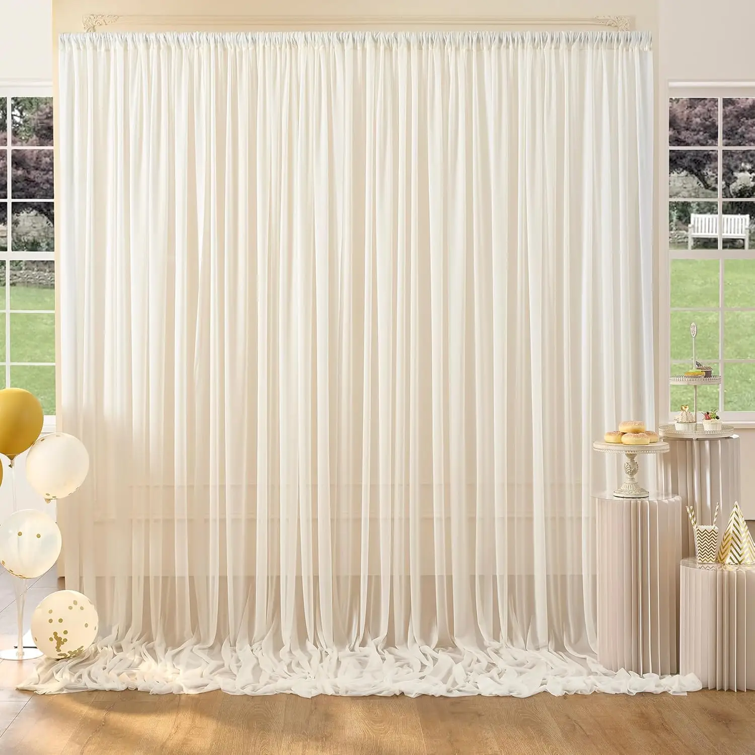 

40ft×8ft Wrinkle Free Ivory Chiffon Backdrop Curtain for Wedding Party, 8 Panels 5×8ft Shinny Ivory Sheer Backdrop Drapes Curtai