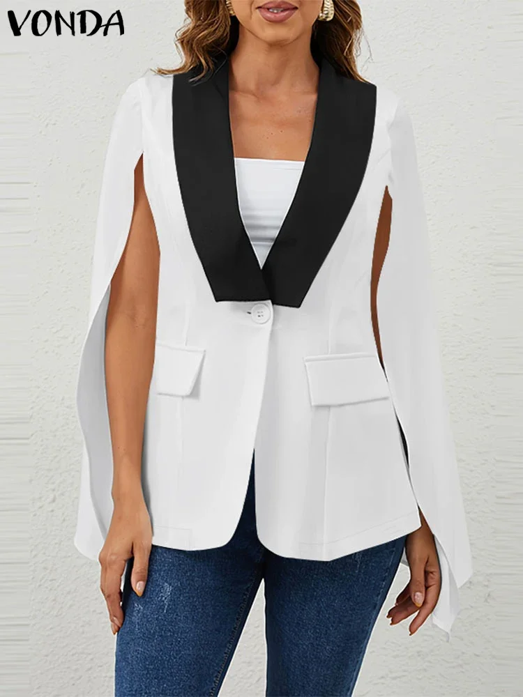 2025 Herfst Vrouwen Uitloper Casual V-hals Blazer Cape Mouw Pakken Colorblock Elegante Dunne Jassen Plus Size 5XL Vonda