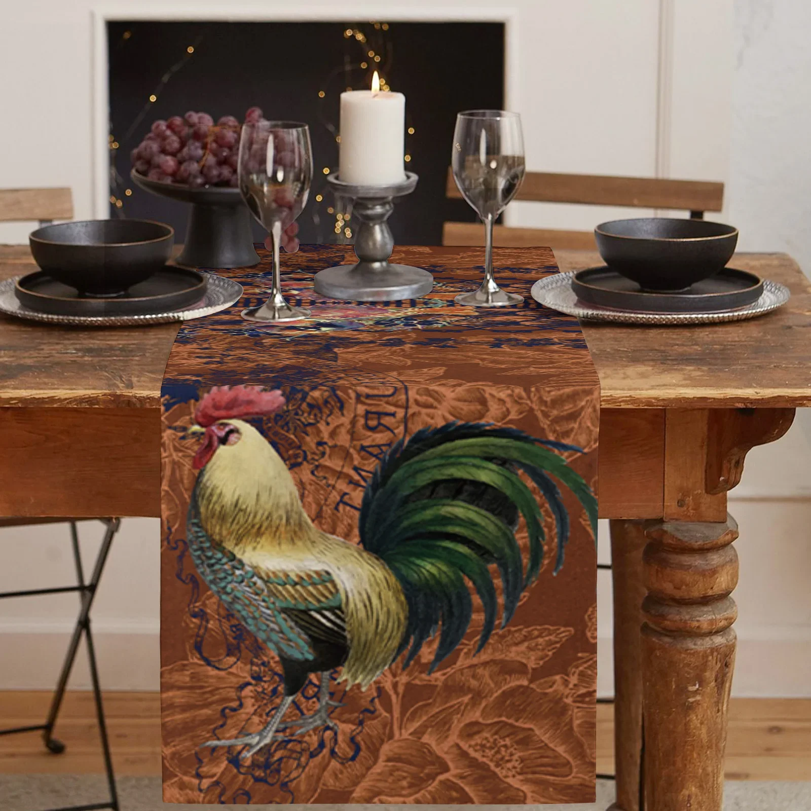 Rooster Retro Pattern Brown Table Runner Decoration Home Decor Dinner Table Decoration Table Decor