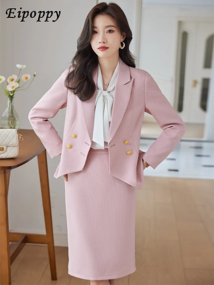 Elegant Autumn Winter Ladies Skirt Suit Women Black Blue Pink White Female Formal Two Piece Set Blazer for Business Work Wear