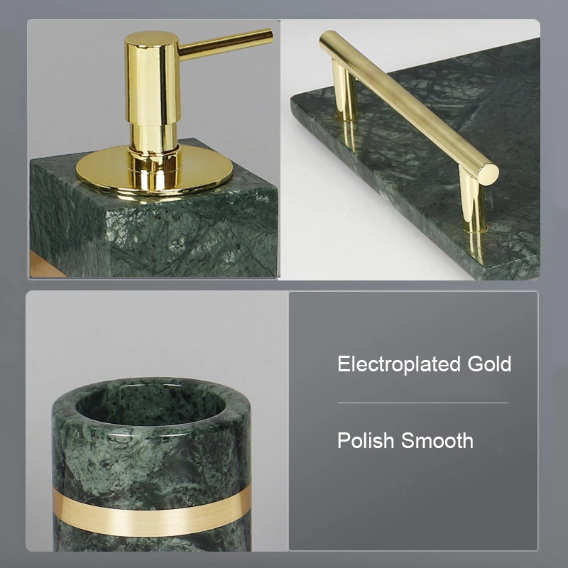 Indian Green Natural Marble Bathroom Set Luxury Gold Soap Dispenser Soap Dish Tissue Box Tray Bathroom Accessories