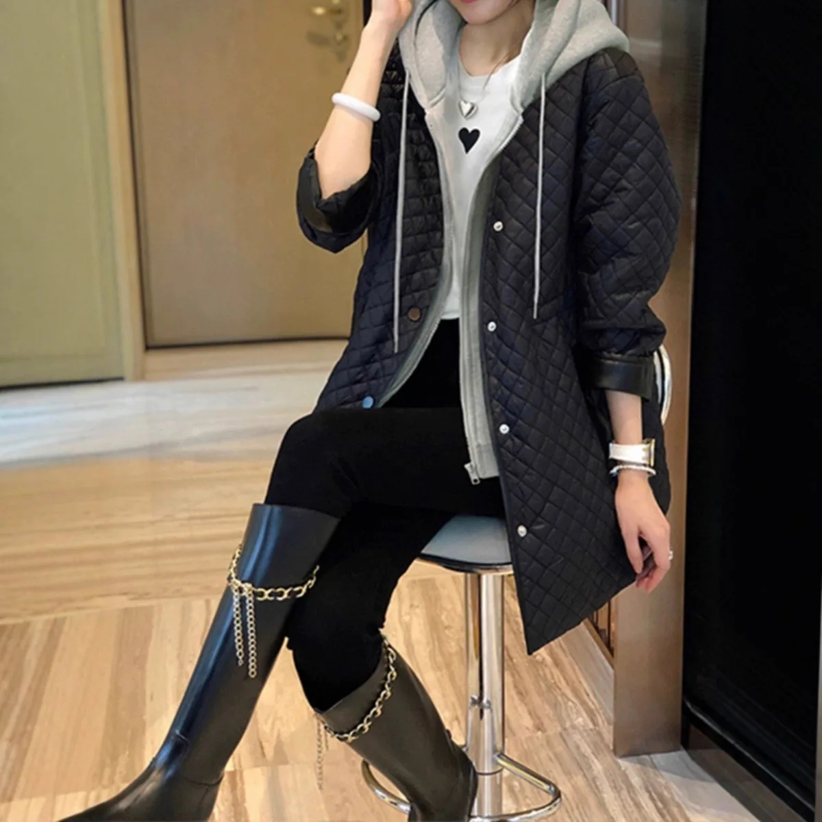 Hooded Spliced Women Parkas Coats Mid Lenth Overcoat Solid Zipper Long Sleeves Loose Thick Office Lady Casual Autumn Winter 2025