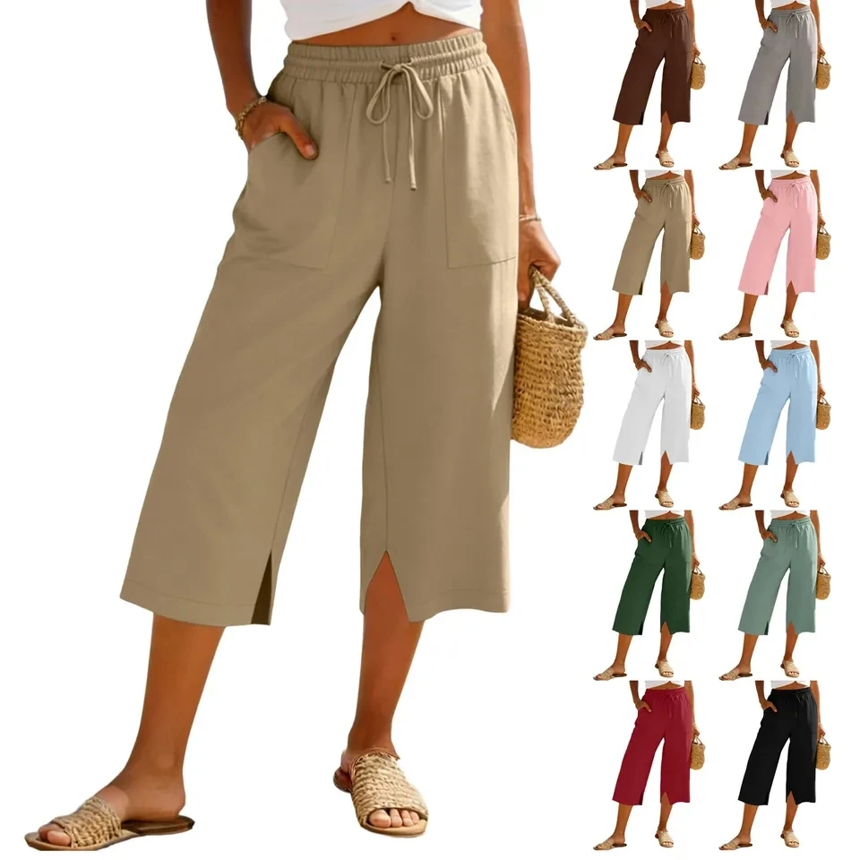 

Women Loose Straight Leg Capri Pants Summer Cropped Pants With Inner Slits Solid Color High Waist Pocket Beach Vacation Trousers