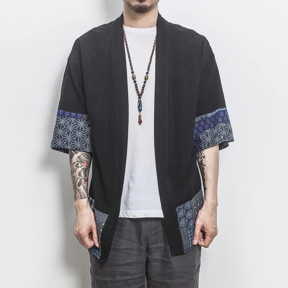 Patchwork Printing Cardigan Coat Vintage-inspired Men's Patchwork Cardigan Coat Retro Print 3/4 Sleeve Open Front Poncho