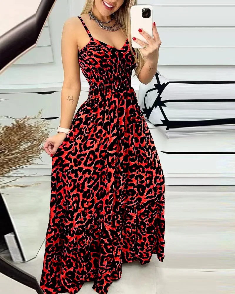 New leopard print suspender V-neck dress high waist skirt sexy temperament fashion long skirt foreign trade women\'s clothing