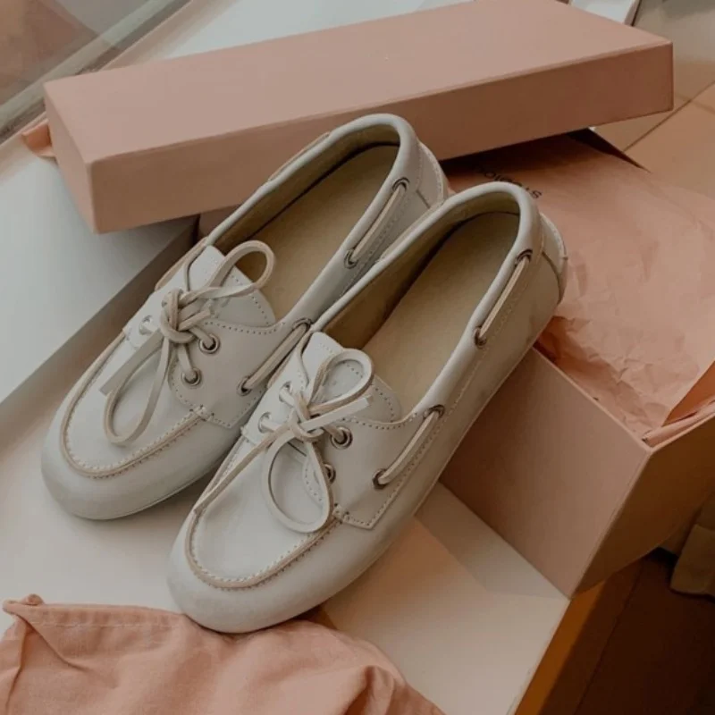 Women\'s Loafers Shoes Genuine Leather High Quality Round Toe Soft Bottom Flat Shoes Lace Up Breathable Ladies Casual Shoes 2026