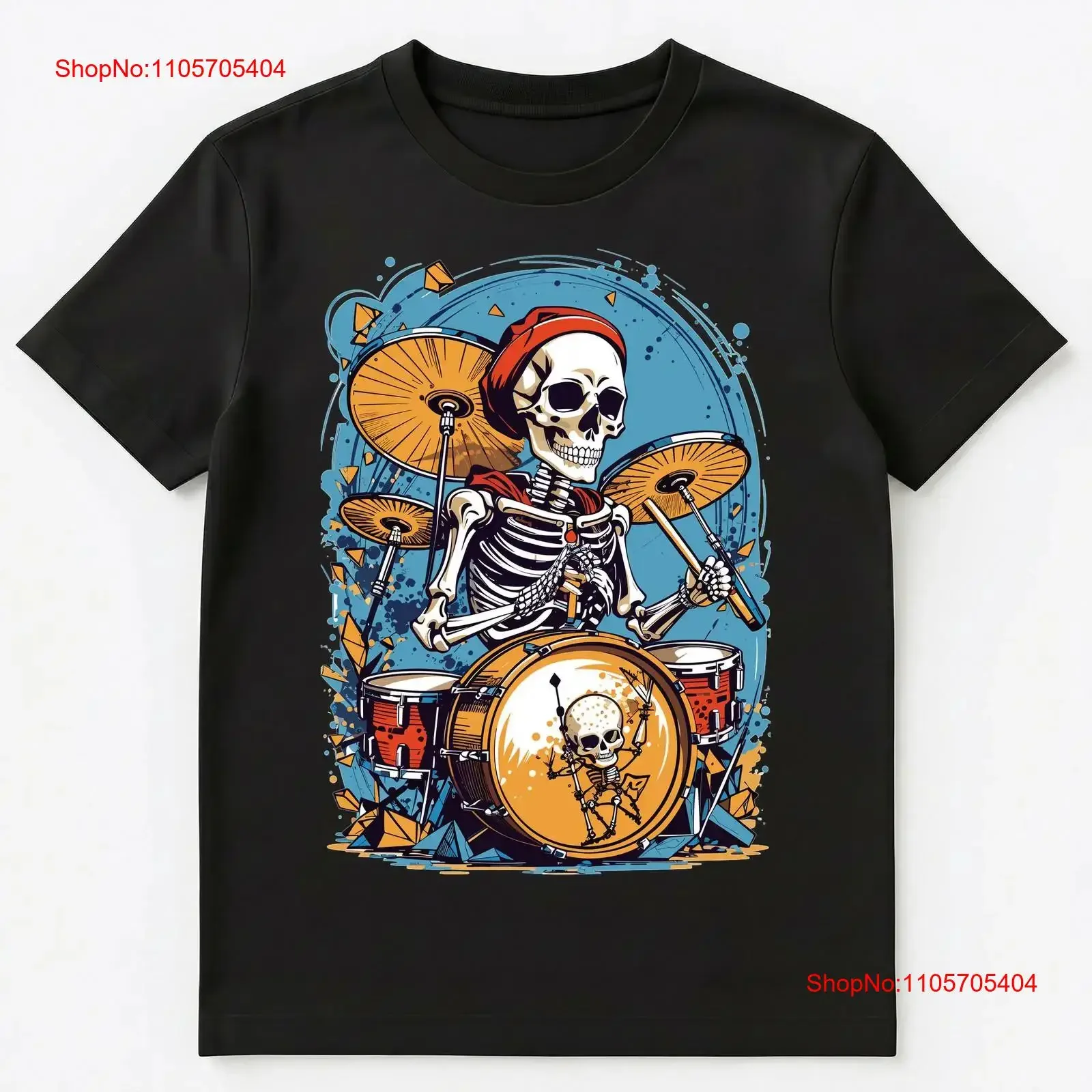 Drummer Skeleton Playing Drums For Halloween T Shirt long or short sleeves vintage Washed Stylish streetwear fashion Soft