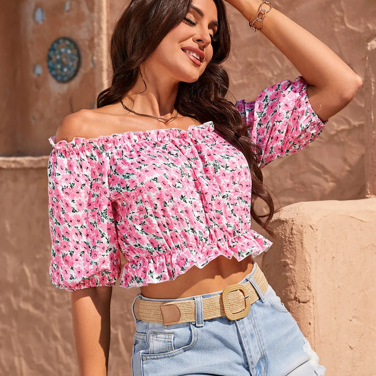 Fashion Floral Lantern Sleeve Casual Shirt For Women Summer Vacation Elastic Off Shoulder Crop Tops Beach Style