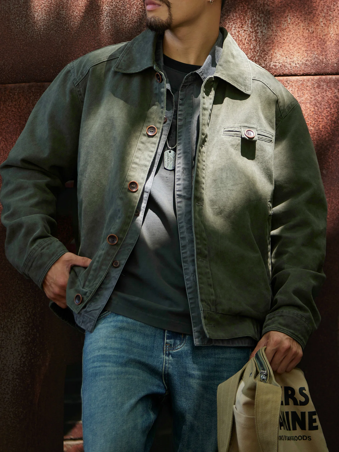 Retro Washed Cotton Work Jacket Men's Loose Fit Green Casual Outerwear Spring Autumn Trendy Youth Style Button Closure