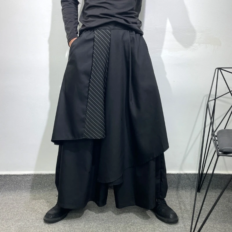 

Culottes Men's Dark Style Autumn and Winter Design Irregular Striped Stitching Contrast Color Loose Wide-Leg Pants