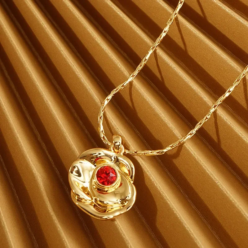 European and American cross-border texture pattern color red zircon pendant necklace fashion personality December birthstone