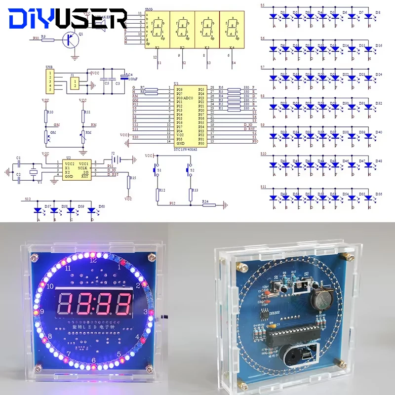 DIYUSER DIY obrotowy cyfrowy moduł wyświetlacza LED Alarm elektroniczny zestaw zegara cyfrowego 51 SCM tablica edukacyjna 5V DS1302 — zdjęcie 7