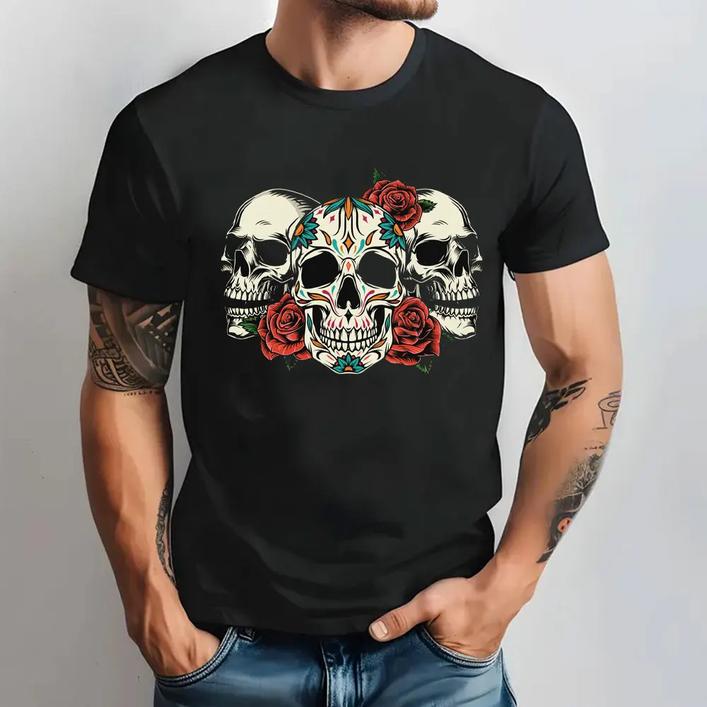 

Floral Sugar Skull | Mexican Day of The Dead | Dia De Los Muertos T Shirts Skeleton Bones Print Men Clothing Cotton Shirts Tops