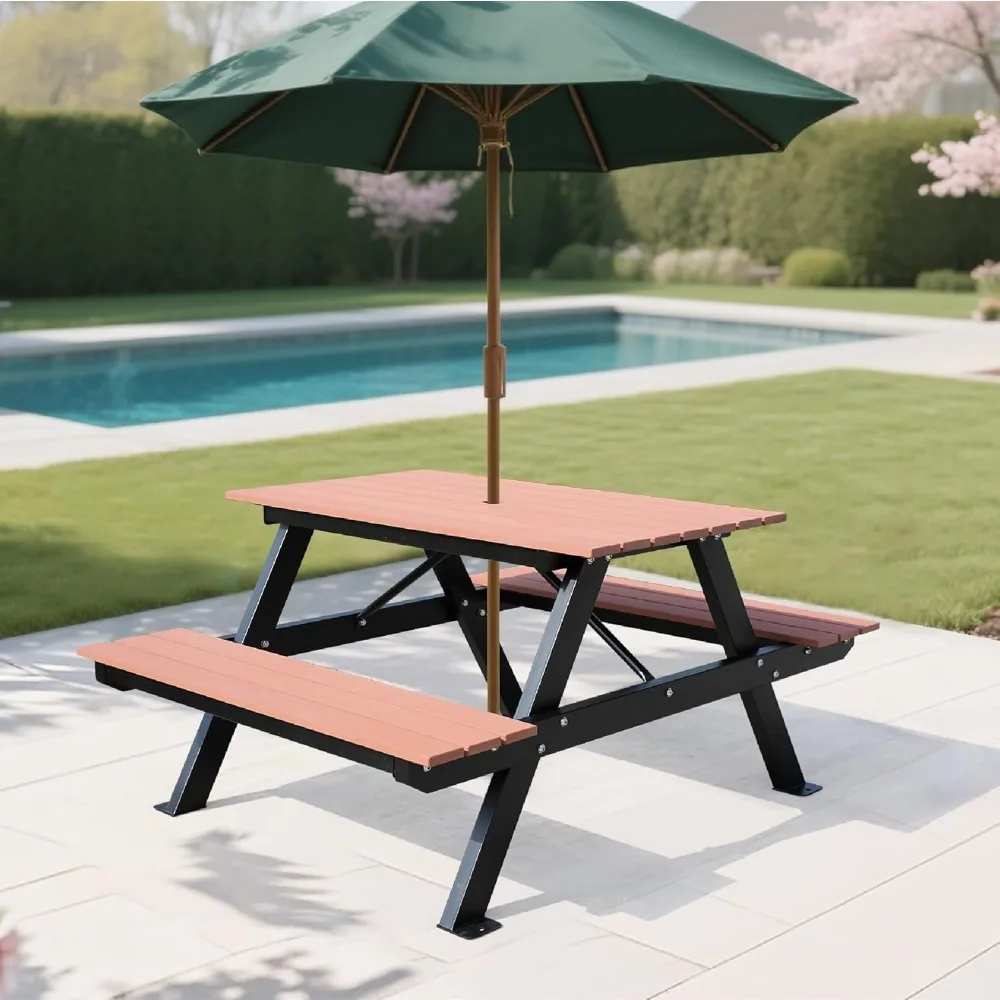

4FT Outdoor Picnic Table and Bench Set with 2 Umbrella Hole, WPC Tabletop Seattop Patio Dining Set for 4 People, Outdoor Dining