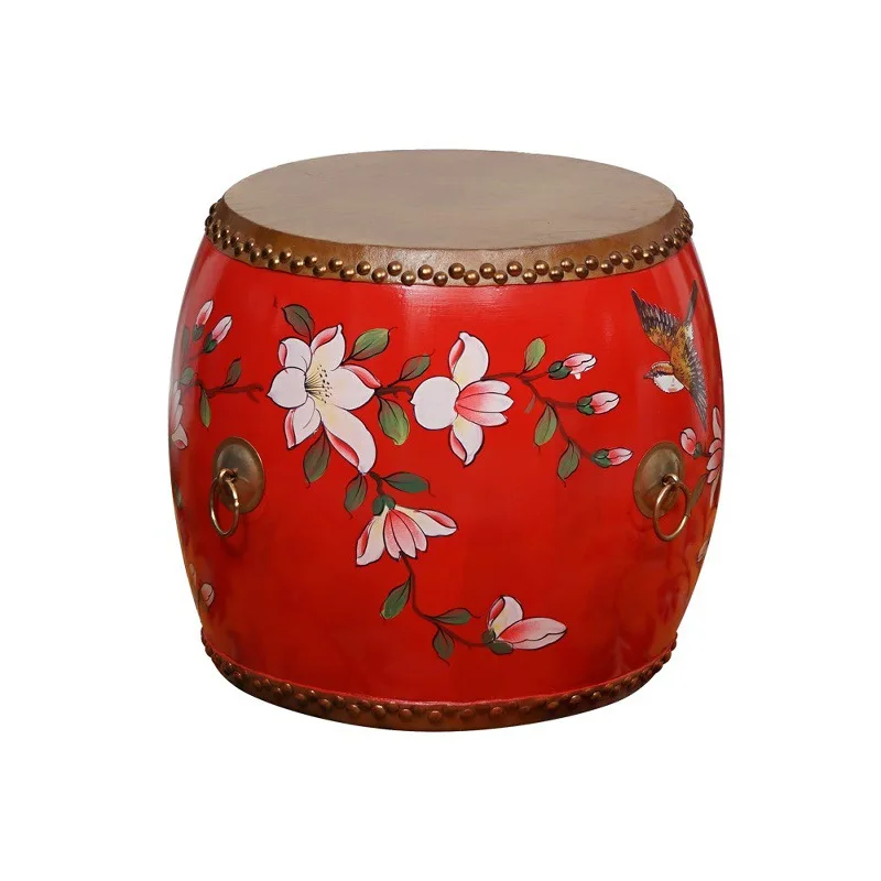 

Furniture features creative antique cowhide painted drum pier solid wood round stool chair, guzheng stool