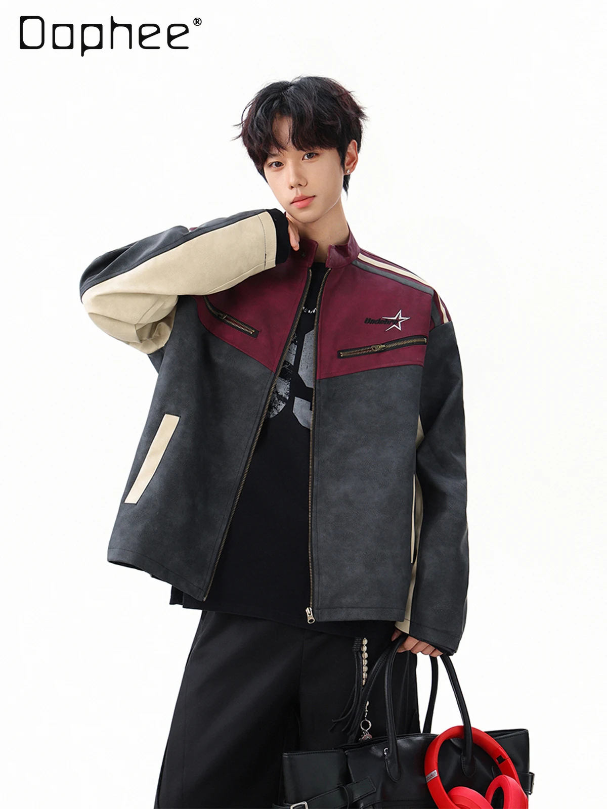 

2024 весна и осень, новая мужская красная кожаная куртка с воротником-стойкой в американском стиле, мотоциклетное короткое повседневное пальто в стиле ретро