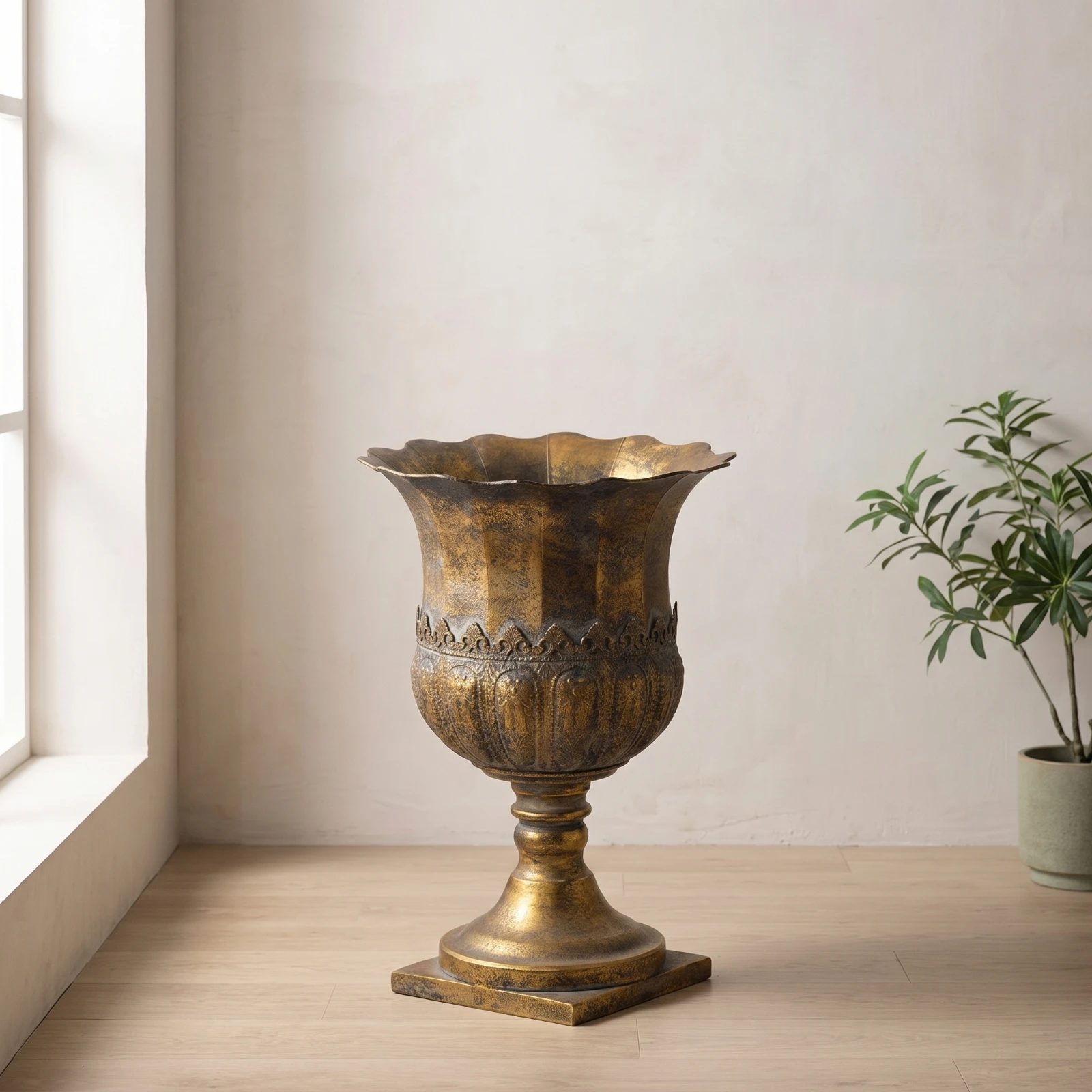Pedestal Vase Vintage Vase with Scalloped Rim Metal Urn with Square Base Decorative Classic for Entryway, Living Room