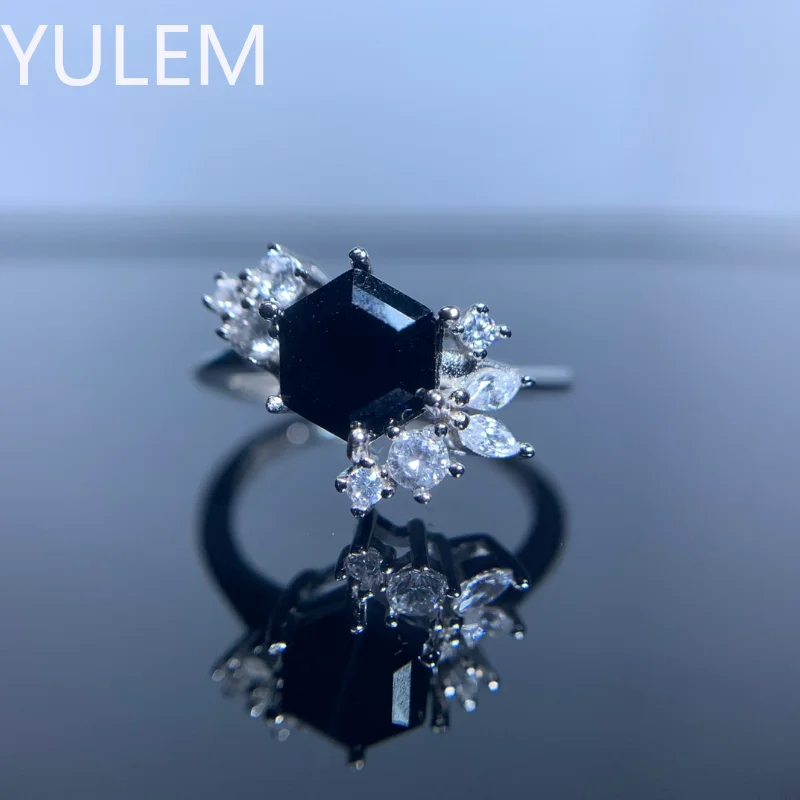 YULEM 925 Sterling Silver Natural Hexagon Black Spinel Beauty Flower Ring for Women Wedding Engagement Party Fine Jewelry Gift