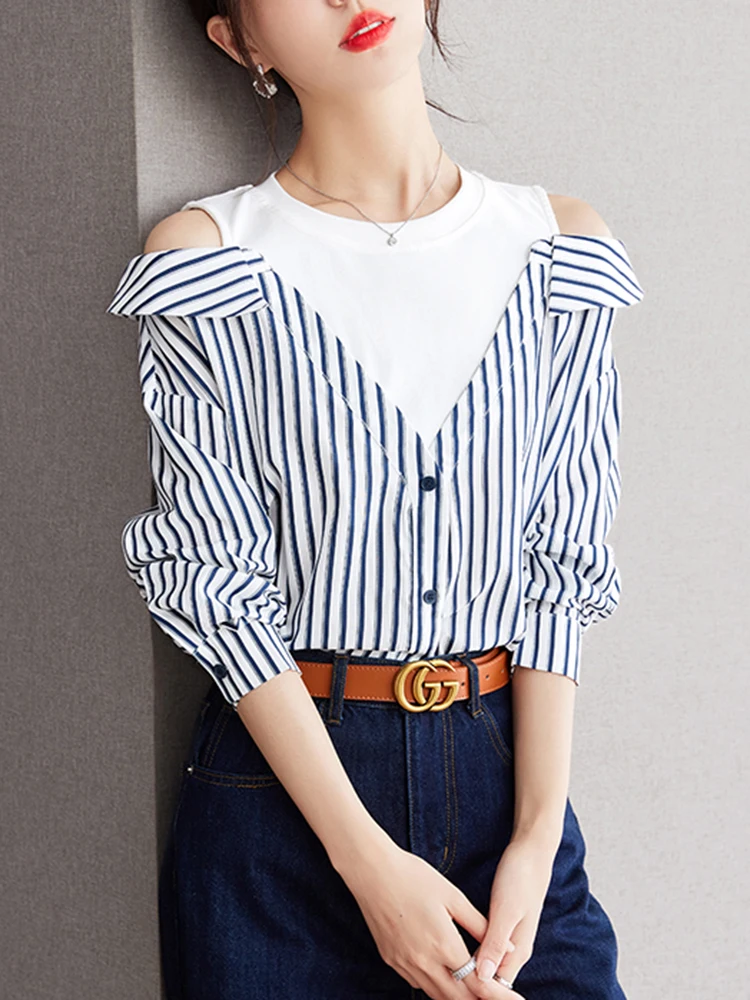 Autumn New Fake Two Pieces Vertical Stripes Shirt Women Off Shoulder Loose Commute Comfortable Casual T-shirt Long Sleeve Tops