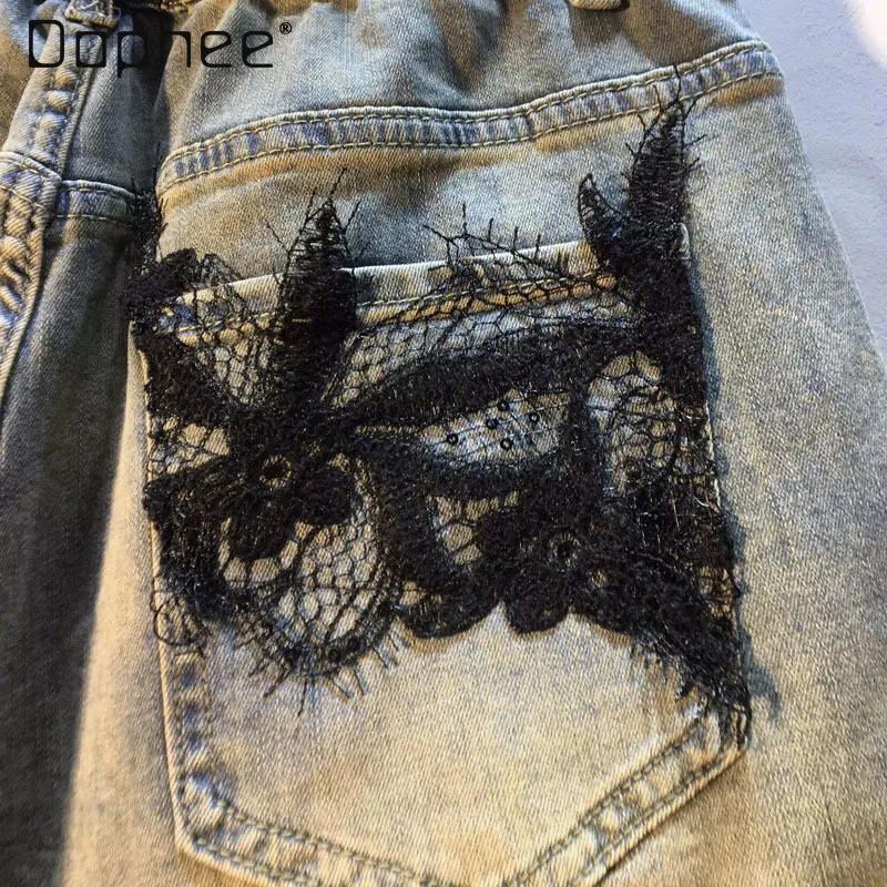 빈티지 헤비 인더스트리 비즈 레이스 스플라이싱 하이웨이스트 슬림 숏 팬츠 유럽풍 패션 솔리드 컬러 베이직 와이드 팬츠