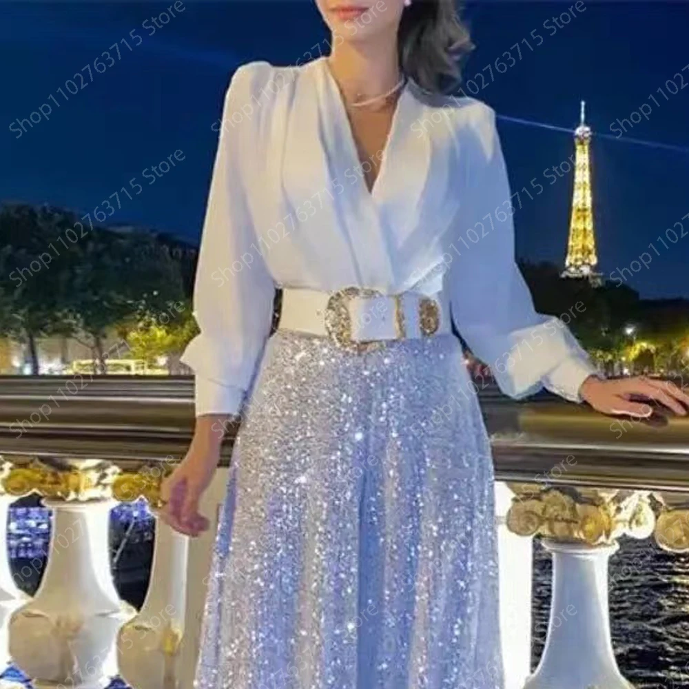 Customized Sparkle Long Evening Dress for Women V-Neck Floor-Length Straight Prom Party Wedding Gala Dress Special Events Maxi