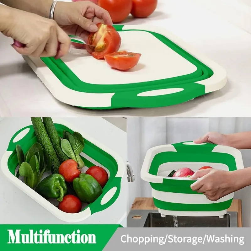 Collapsible Cutting Board, Foldable Chopping Board with Colander, Multifunctional Kitchen Vegetable Washing Basket Silicone